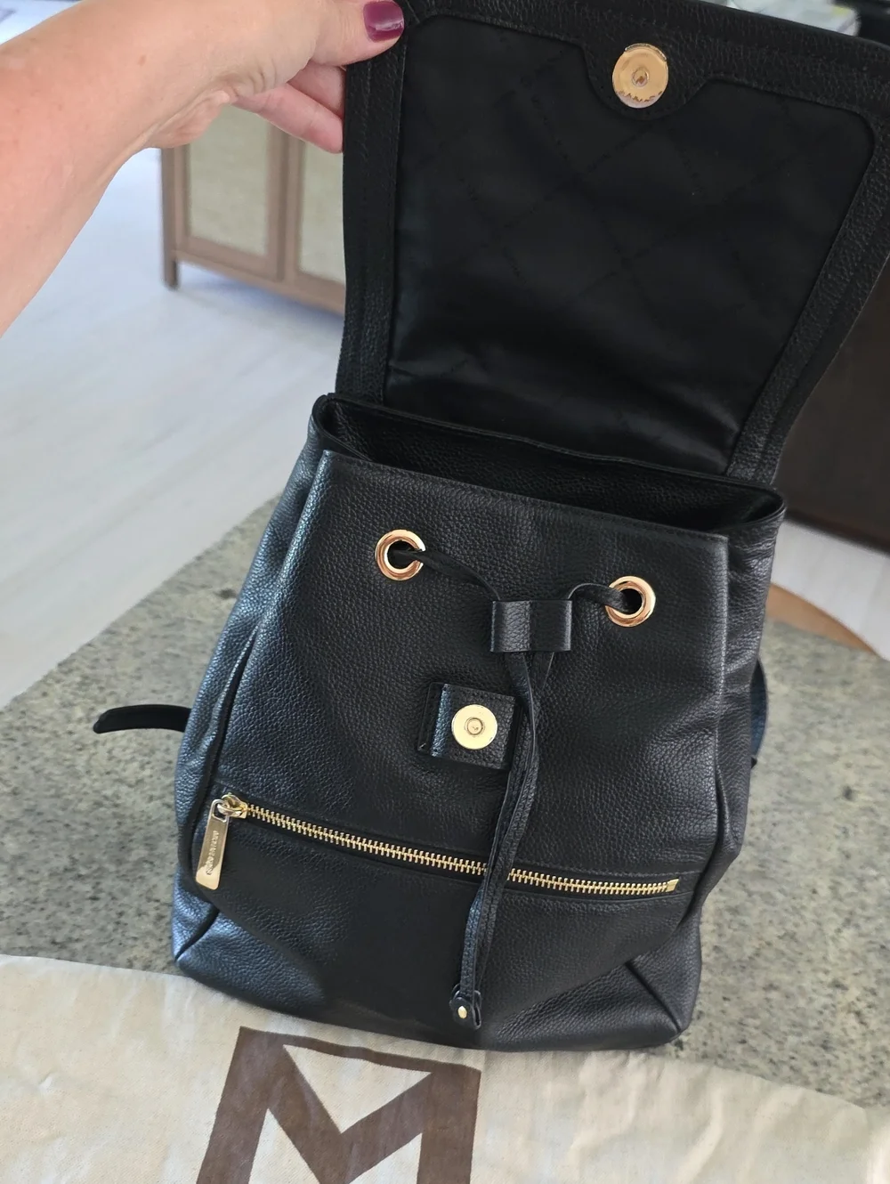 Michael Kors Black Pebble Leather Backpack with Gold Hardware